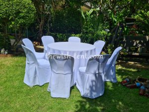 เช่าชุดโต๊ะจีน 1.2เมตร เก้าอี้พลาสติกสีขาวคลุมผ้า