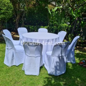 เช่าชุดโต๊ะจีน 1.2เมตร เก้าอี้พลาสติกสีขาวคลุมผ้า
