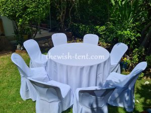 เช่าโต๊ะ-โต๊ะจีน1.2ม. เก้าอี้พลาสติกสีขาวคลุมผ้า - Image 2