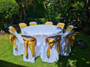 เช่าโต๊ะ-โต๊ะจีน1.5ม.เก้าอี้พลาสติกคลุมผ้าสีขาวโบว์สีทอง - Image 3