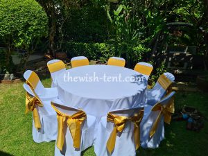 เช่าโต๊ะ-โต๊ะจีน1.5ม.เก้าอี้พลาสติกคลุมผ้าสีขาวโบว์สีทอง - Image 5