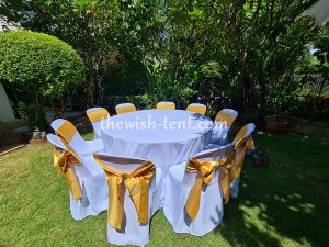 เช่าโต๊ะ-โต๊ะจีน1.5ม.เก้าอี้พลาสติกคลุมผ้าสีขาวโบว์สีทอง - Image 4