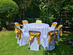 เช่าโต๊ะ-โต๊ะจีน1.2ม.คลุมผ้าสีขาวเก้าอี้พลาสติกคลุมผ้าผูกโบว์ - Image 2