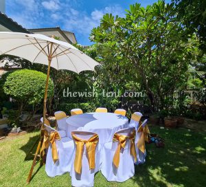 เช่าโต๊ะ-โต๊ะจีน1.5ม.เก้าอี้พลาสติกคลุมผ้าสีขาวโบว์สีทอง - Image 2