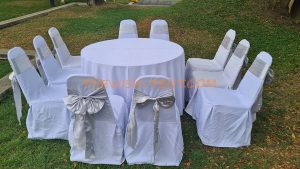 เช่าโต๊ะ-โต๊ะจีน1.5ม.เก้าอี้บุนวมคลุมผ้าขาวโบว์สีเงิน - Image 5