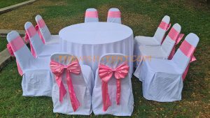 เช่าโต๊ะ-โต๊ะจีน1.5ม.เก้าอี้บุนวมคลุมผ้าขาวโบว์สีชมพู