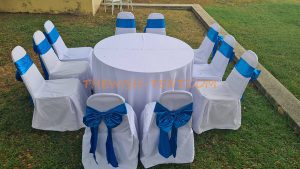 เช่าโต๊ะ-โต๊ะจีน+เก้าอี้บุนวมคลุมผ้าสีขาว+โบว์สีน้ำเงิน - Image 3