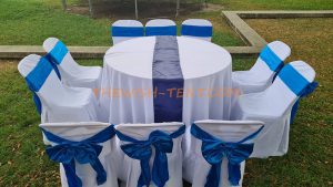 เช่าโต๊ะ-โต๊ะจีน1.5ม.+เก้าอี้พลาสติกคลุมผ้าสีขาว+โบว์สีน้ำเงิน - Image 4