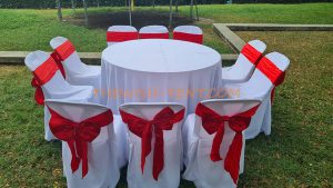 เช่าโต๊ะ-โต๊ะจีน1.5ม.+เก้าอี้พลาสติกคลุมผ้าสีขาว+โบว์สีแดง - Image 3