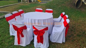 เช่าโต๊ะ-โต๊ะจีน1.5ม.+เก้าอี้พลาสติกคลุมผ้าสีขาว+โบว์สีแดง - Image 4