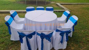 เช่าโต๊ะ-โต๊ะจีน1.5ม.+เก้าอี้พลาสติกคลุมผ้าสีขาว+โบว์สีน้ำเงิน - Image 3