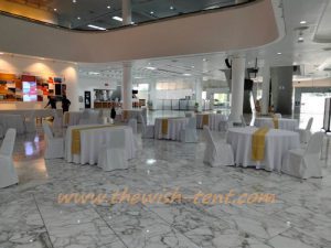 เช่าโต๊ะ-โต๊ะจีน1.2ม.เก้าอี้บุนวมคลุมผ้าสีขาวโบว์สีทอง - Image 5