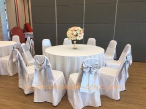 เช่าโต๊ะ-โต๊ะจีน1.5ม.เก้าอี้บุนวมคลุมผ้าขาวโบว์สีเงิน - Image 2