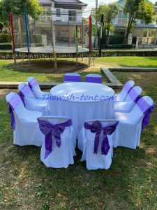 เช่าโต๊ะจีน1.5ม. เช่าเก้าอี้บุนวมผ้าสีขาวโบว์สีม่วง - Image 3
