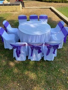 เช่าโต๊ะ-โต๊ะจีน+เก้าอี้พลาสติกคลุมผ้าสีขาว+โบว์สีม่วง - Image 3