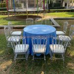 เช่าโต๊ะ-โต๊ะจีนผ้าสีฟ้า+เก้าอี้คริสตัล