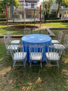 เช่าโต๊ะ-โต๊ะจีนผ้าสีฟ้า+เก้าอี้คริสตัล