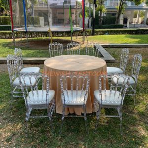 เช่าโต๊ะ-โต๊ะจีนผ้าสีทอง+เก้าอี้คริสตัล เจ้าหญิง