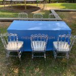 เช่าชุดโต๊ะเหลี่ยมผ้าคลุมสีฟ้า-เก้าอี้คริสตัลเจ้าหญิง