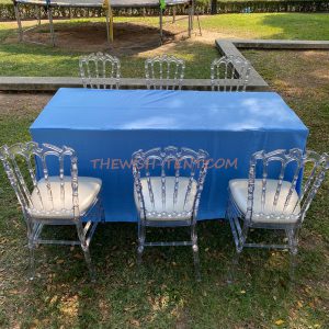 เช่าชุดโต๊ะเหลี่ยมผ้าคลุมสีฟ้า-เก้าอี้คริสตัลเจ้าหญิง